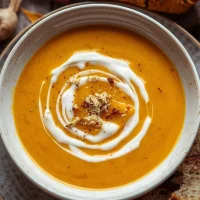 Imagen de Crema de calabaza rostizada con jengibre servida en plato