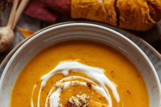 Imagen de Crema de calabaza rostizada con jengibre servida en plato