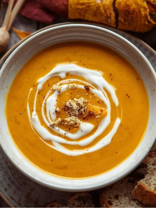 Imagen de Crema de calabaza rostizada con jengibre servida en plato