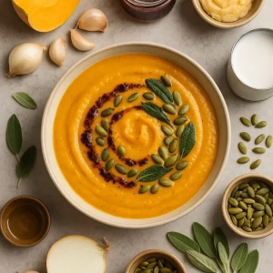 Crema Rostizada de Calabaza con Miso Blanco, Coco y Aceite de Chile Ancho