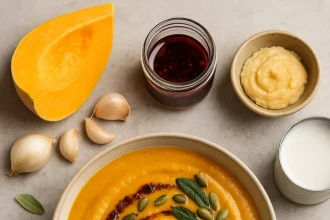 Crema Rostizada de Calabaza con Miso Blanco, Coco y Aceite de Chile Ancho