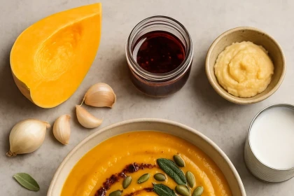 Crema Rostizada de Calabaza con Miso Blanco, Coco y Aceite de Chile Ancho