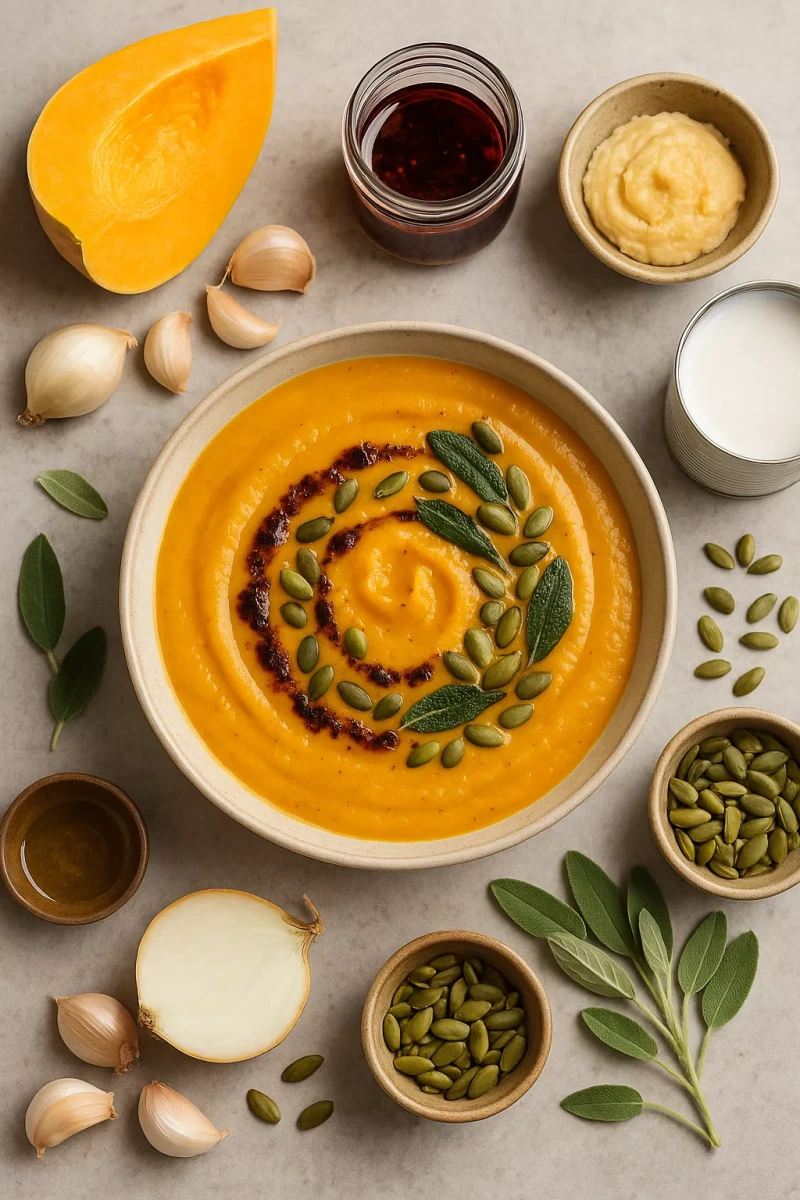 Crema Rostizada de Calabaza con Miso Blanco, Coco y Aceite de Chile Ancho