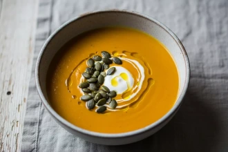 Crema tatemada de calabaza de castilla con miso blanco y chile ancho