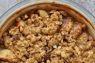 Imagen de Crumble de manzana con avena servida en plato
