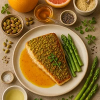 Filete de Róbalo en Costra de Pistache con Salsa de Cítricos y Miel de Lavanda