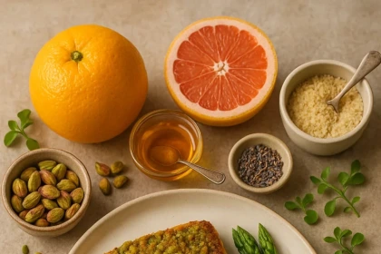 Filete de Róbalo en Costra de Pistache con Salsa de Cítricos y Miel de Lavanda