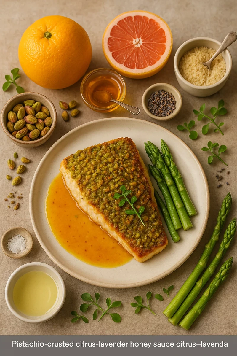 Filete de Róbalo en Costra de Pistache con Salsa de Cítricos y Miel de Lavanda