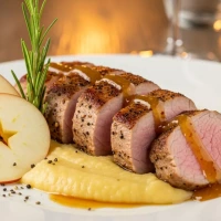 Lomo de Cerdo con Puré de Manzana y Salsa de Mostaza y Miel