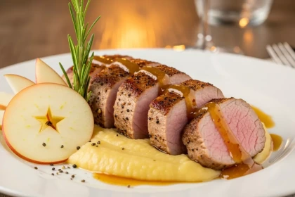 Lomo de Cerdo con Puré de Manzana y Salsa de Mostaza y Miel