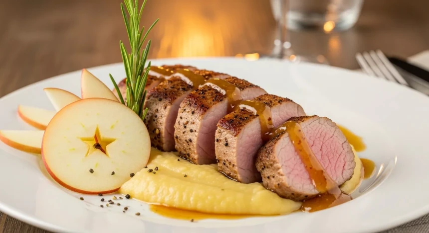 Lomo de Cerdo con Puré de Manzana y Salsa de Mostaza y Miel