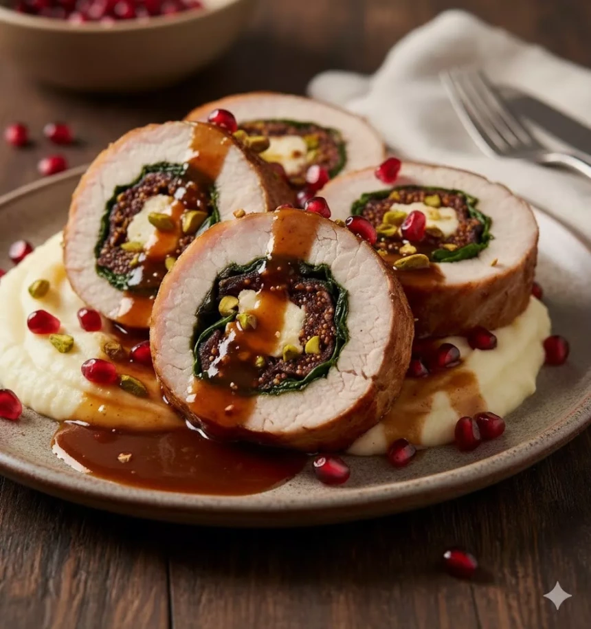 Lomo de Cerdo Relleno de Higos Secos, Pistache y Queso de Cabra con Salsa de Oporto