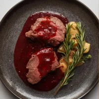 Imagen de Lomo de res en salsa de vino tinto y romero servida en plato