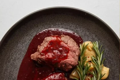 Imagen de Lomo de res en salsa de vino tinto y romero servida en plato