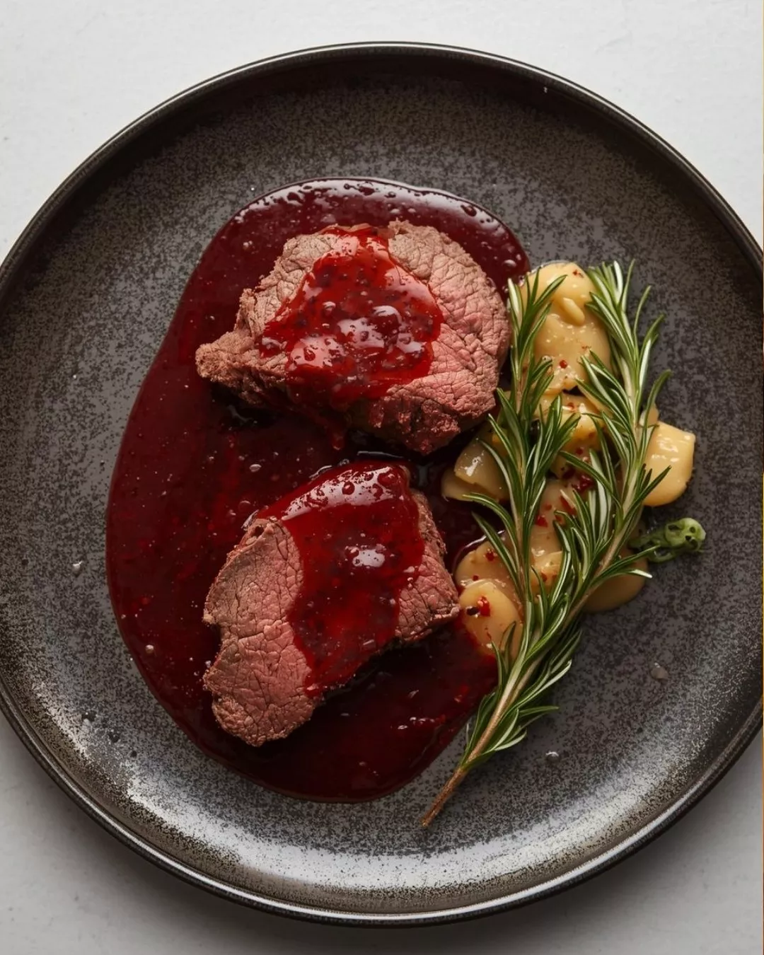 Image of Beef loin in red wine and rosemary sauce served on a plate