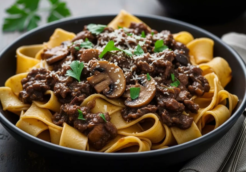 Pappardelle con ragú de setas y vino tinto servido en plato hondo
