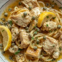 Imagen de Pasta cremosa de limón y pollo con alcaparras servida en plato