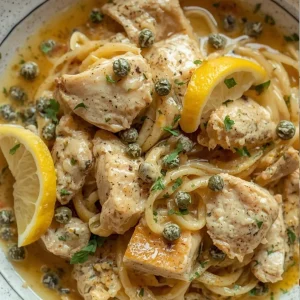 Imagen de Pasta cremosa de limón y pollo con alcaparras servida en plato