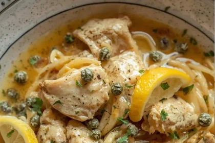 Imagen de Pasta cremosa de limón y pollo con alcaparras servida en plato