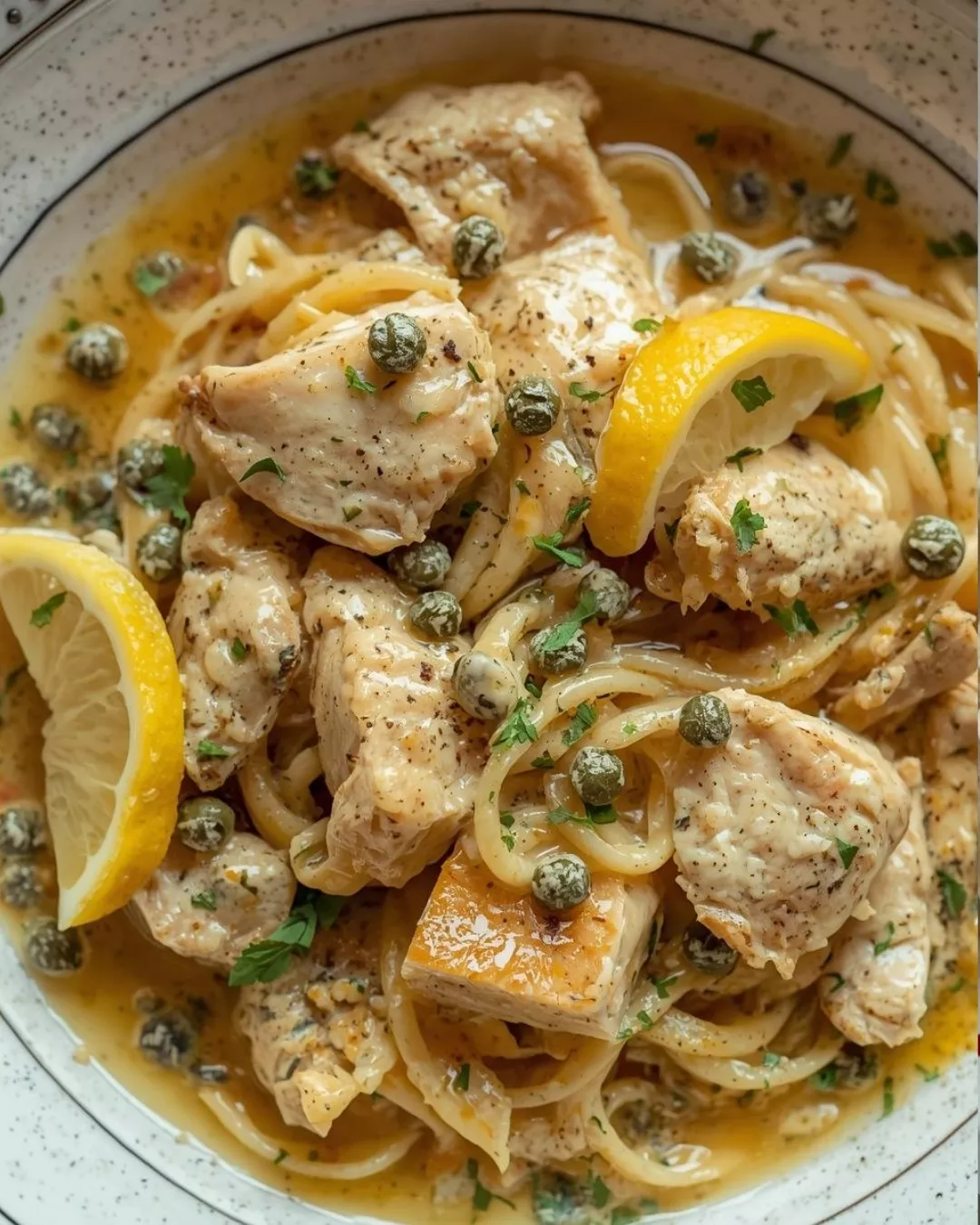 Image of Creamy lemon and chicken pasta with capers served on a plate