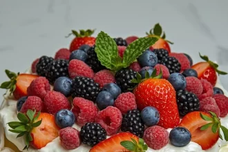 Imagen de Pavlova de frutos rojos servida en plato