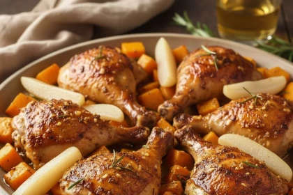 Pollo al Horno con Glaseado de Sidra, Mostaza Antigua y Romero sobre Calabaza y Chalotas