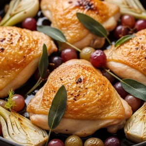Pollo al horno con uvas, hinojo y salvia