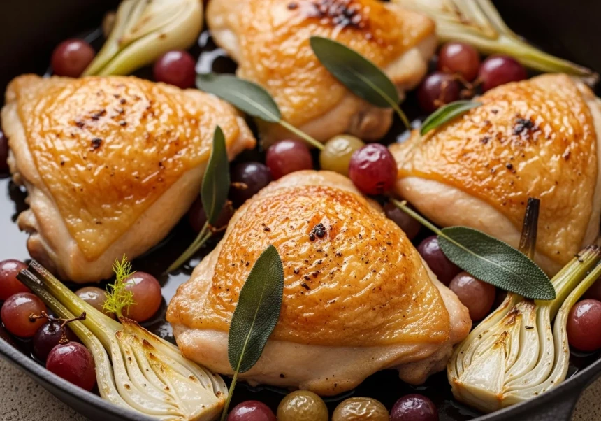Pollo al horno con uvas, hinojo y salvia