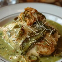 Imagen de Pollo relleno de queso Oaxaca y rajas en salsa cremosa de poblano servida en plato
