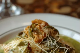 Imagen de Pollo relleno de queso Oaxaca y rajas en salsa cremosa de poblano servida en plato