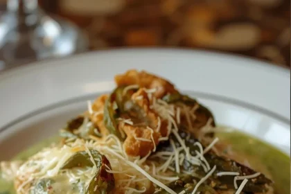 Imagen de Pollo relleno de queso Oaxaca y rajas en salsa cremosa de poblano servida en plato