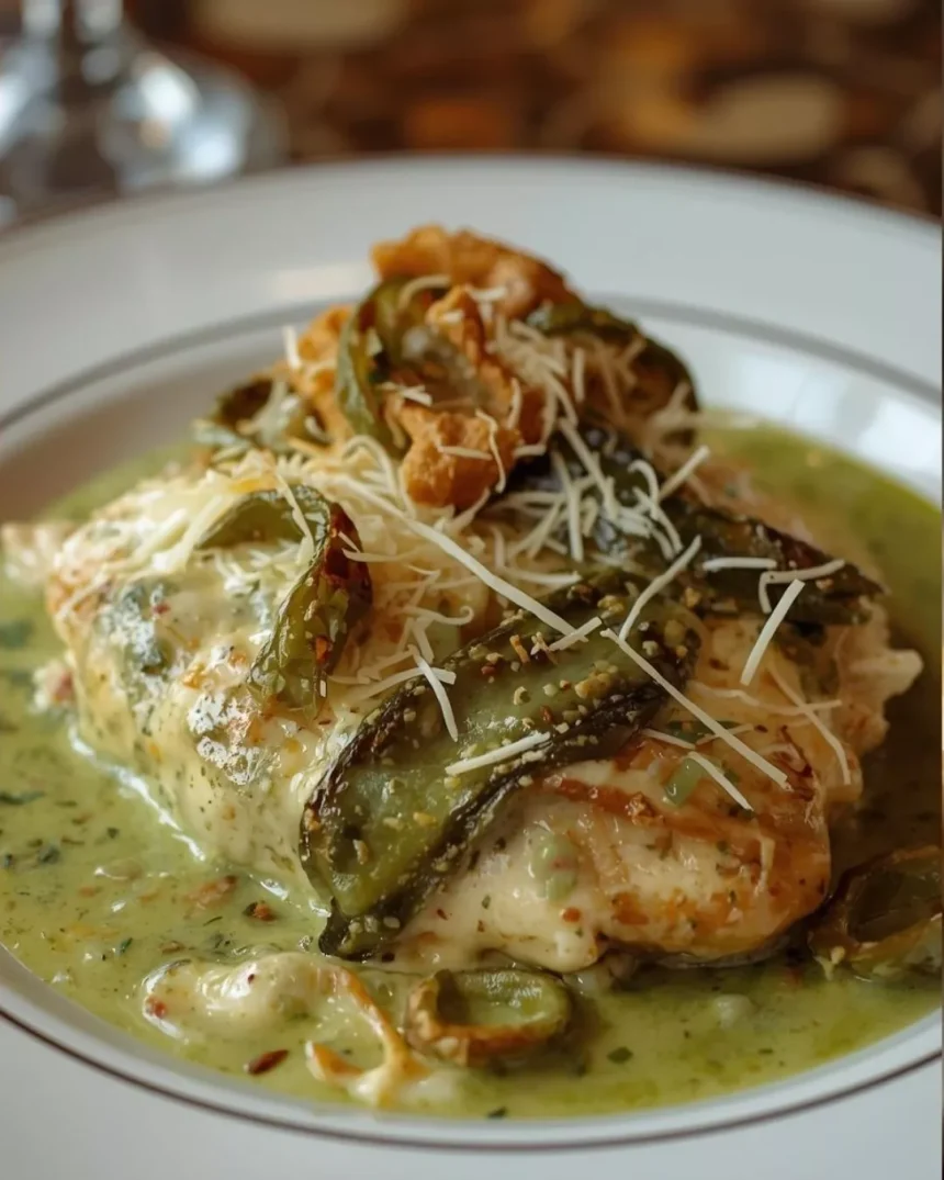 Imagen de Pollo relleno de queso Oaxaca y rajas en salsa cremosa de poblano servida en plato