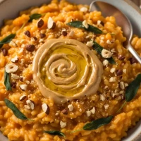 Risotto de camote y salvia con mantequilla avellanada y pepitas