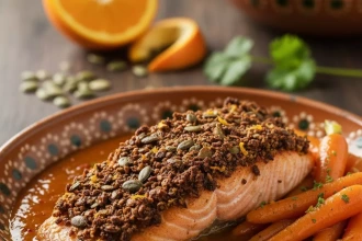 Salmón en Costra de Pepita y Cacao con Salsa de Naranja-Chipotle