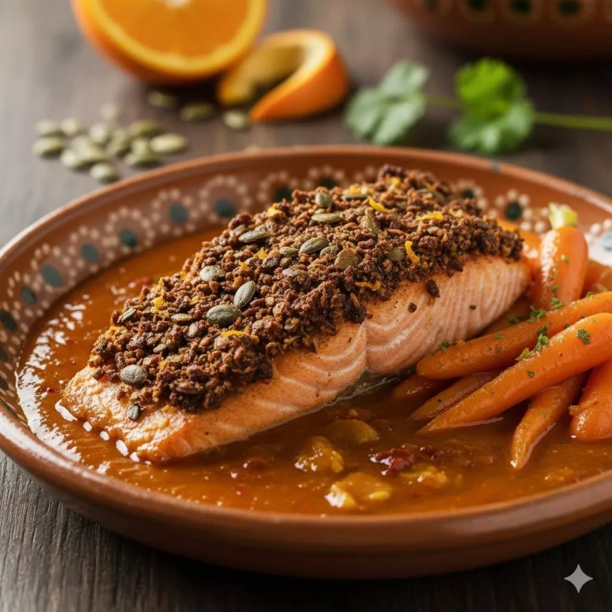 Salmón en Costra de Pepita y Cacao con Salsa de Naranja-Chipotle