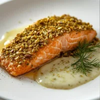 Imagen de Salmón en costra de pistache con salsa de limón y eneldo servida en plato
