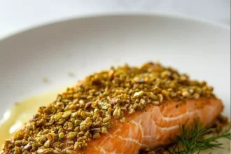 Imagen de Salmón en costra de pistache con salsa de limón y eneldo servida en plato