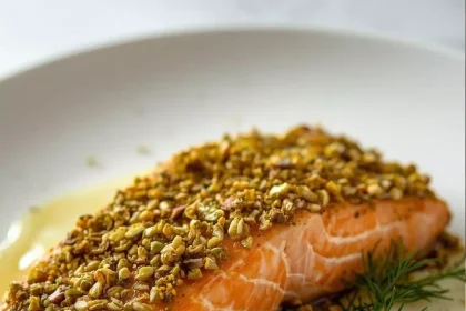 Imagen de Salmón en costra de pistache con salsa de limón y eneldo servida en plato