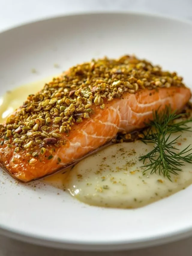 Imagen de Salmón en costra de pistache con salsa de limón y eneldo servida en plato