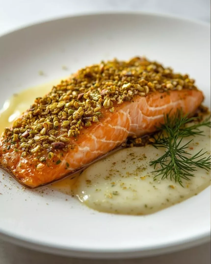 Imagen de Salmón en costra de pistache con salsa de limón y eneldo servida en plato