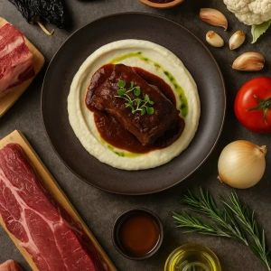 Short Rib en Salsa de Tamarindo y Pasilla sobre Puré Cremoso de Coliflor con Aceite de Romero