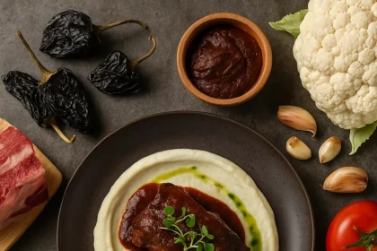 Short Rib en Salsa de Tamarindo y Pasilla sobre Puré Cremoso de Coliflor con Aceite de Romero