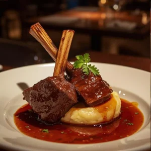Imagen de Short ribs al vino tinto con puré de papa cremoso servida en plato