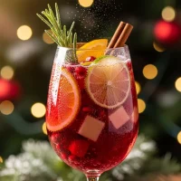 Sangría Espumosa de Invierno desde una jarra a un vaso, con burbujas y fruta cayendo, en un ambiente de reunión navideña acogedora.