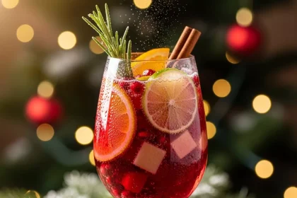 Sangría Espumosa de Invierno desde una jarra a un vaso, con burbujas y fruta cayendo, en un ambiente de reunión navideña acogedora.