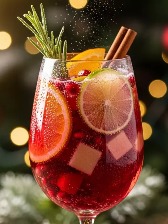 Sangría Espumosa de Invierno desde una jarra a un vaso, con burbujas y fruta cayendo, en un ambiente de reunión navideña acogedora.
