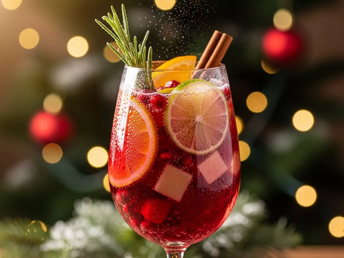 Sangría espumosa de invierno 15 Sparkling Winter Sangria from a pitcher to a glass, with bubbles and fruit falling, in a cozy Christmas gathering atmosphere.