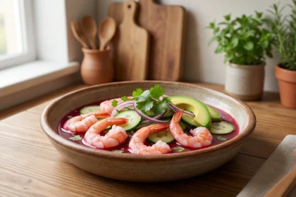 deliciosa receta de aguachile rosa de camarón, un platillo fresco y picante típico de la gastronomía mexicana, perfecto para los amantes del marisco.