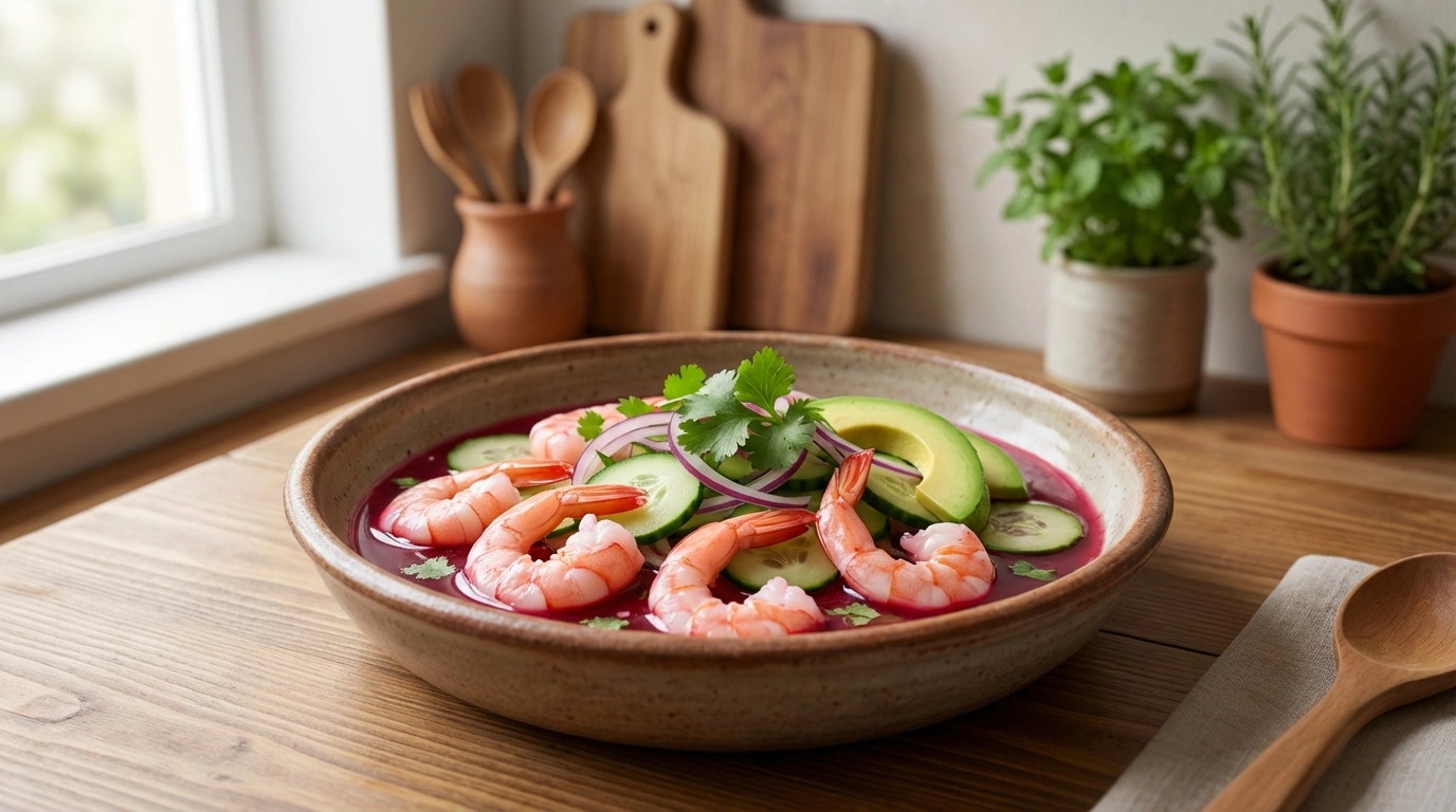 delicious pink shrimp aguachile recipe, a fresh and spicy dish typical of Mexican gastronomy, perfect for seafood lovers.