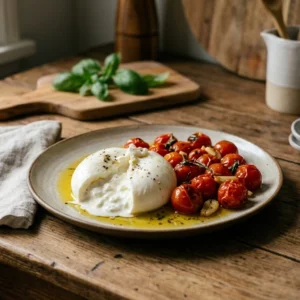 disfruta de la cremosidad de la burrata combinada con el sabor dulce y concentrado de los tomates confitados, una receta perfecta para cualquier ocasión.